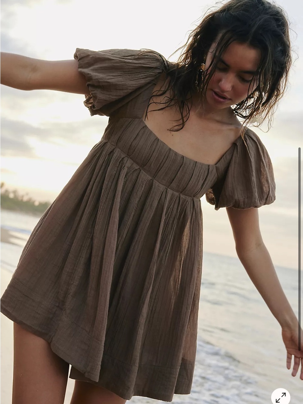 Free People Marina Brown Puff-Sleeve Square-Neck Tunic